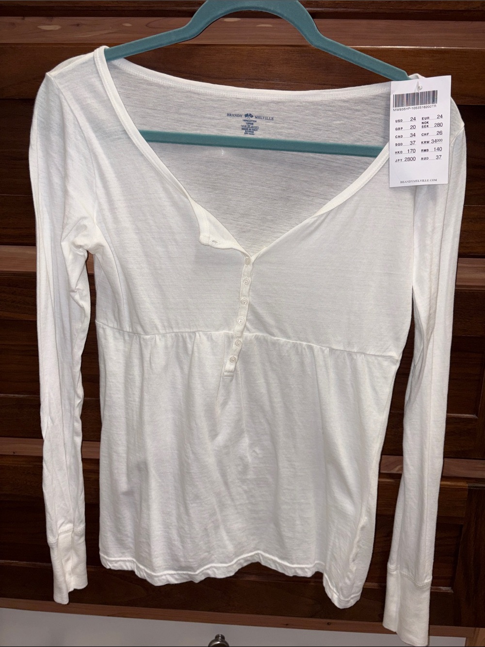 Brandy Melville NWT White Long-Sleeve Babydoll Henley Top